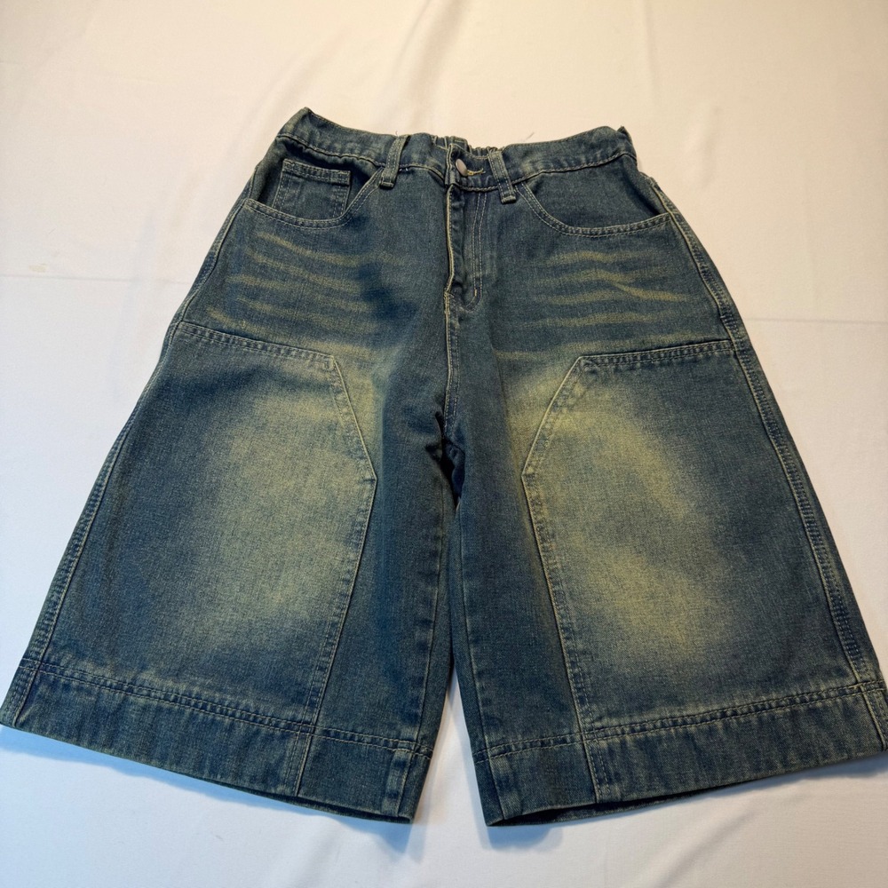 Womens High Waisted Wide Leg Denim Shorts Sand Wash Blue Size S Streetwear